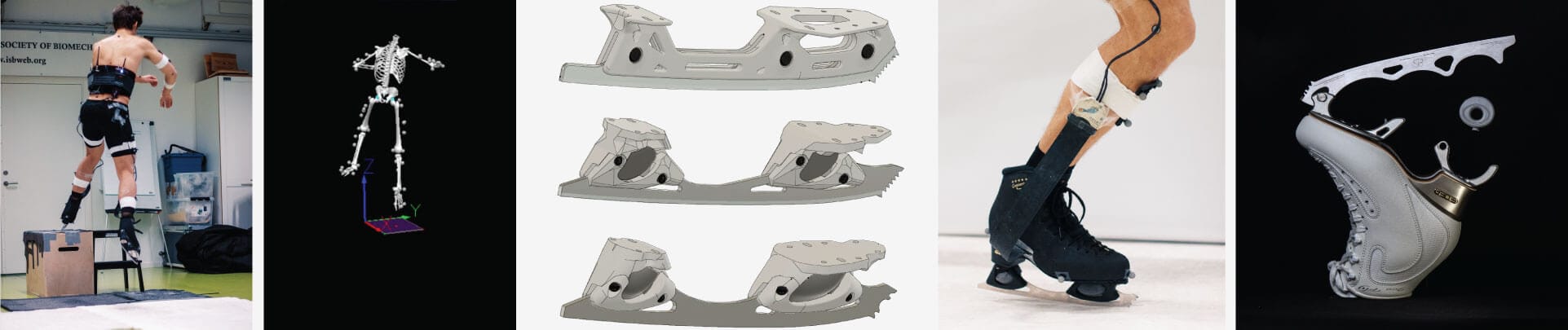 Collage of figure skating research images: skater jumping in a lab, various prototype figure skating blades, and shock-absorbing blade designs.