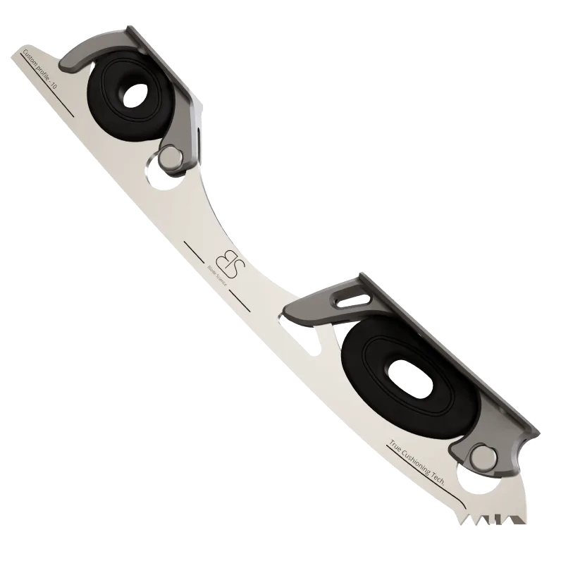 Figure Skating Shock-Absorbing Blade Set (Dual Cushioning) with Black Shock Absorbers and Dark Grey Frames.