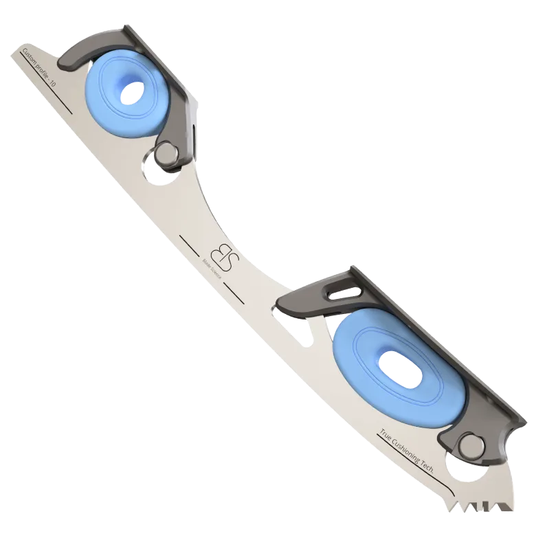 Figure Skating Shock-Absorbing Blade Set (Dual Cushioning) with Blue Shock Absorbers and Dark Grey Frames.