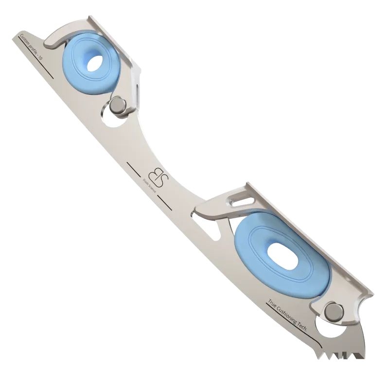 Figure Skating Shock-Absorbing Blade Set (Dual Cushioning) with Blue Shock Absorbers and Light Grey Frames.