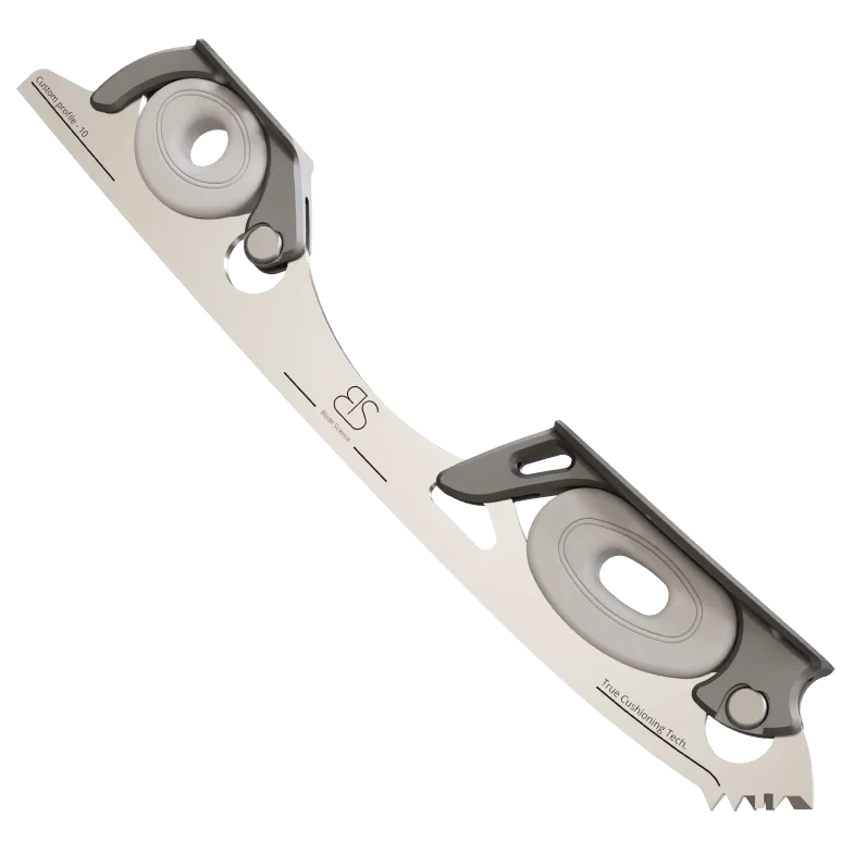Figure Skating Shock-Absorbing Blade Set (Dual Cushioning) with Grey Shock Absorbers and Dark Grey Frames.