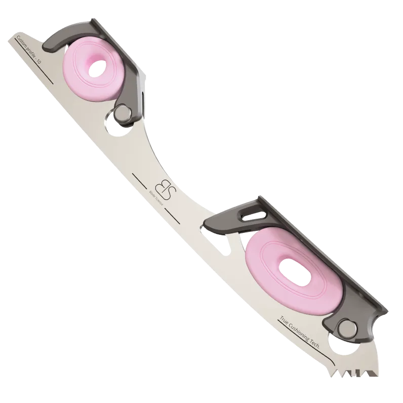 Figure Skating Shock-Absorbing Blade Set (Dual Cushioning) with Pink Shock Absorbers and Dark Grey Frames.