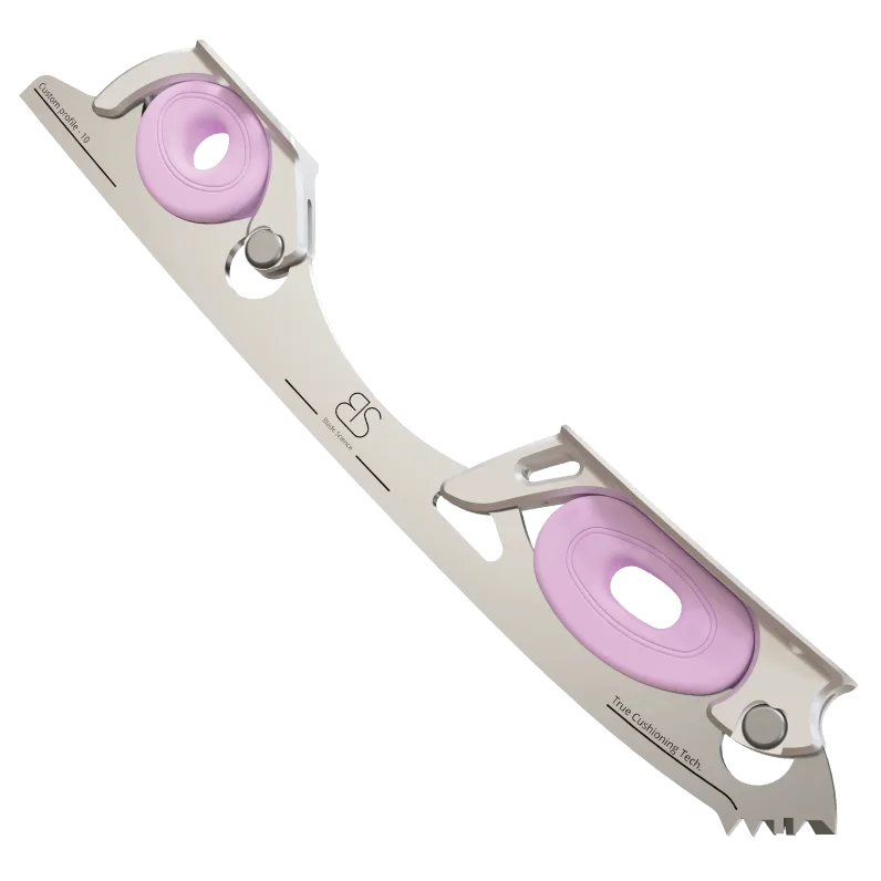 Figure Skating Shock-Absorbing Blade Set (Dual Cushioning) with Pink Shock Absorbers and Light Grey Frames.