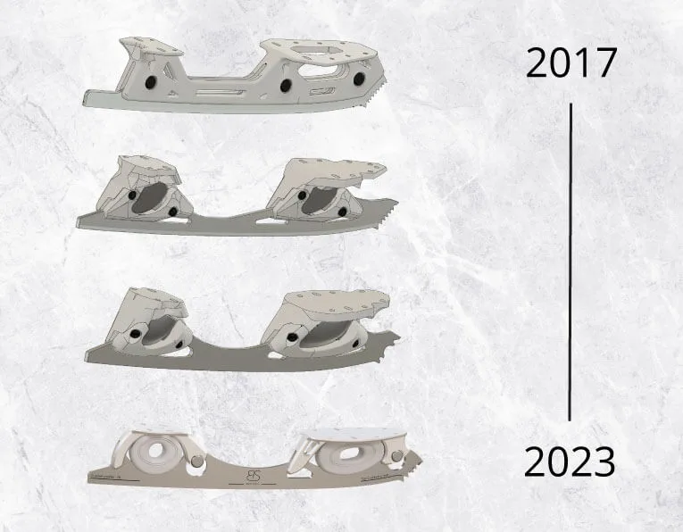 Four different shock-absorbing figure skating blade prototypes.