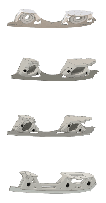 Four different shock-absorbing figure skating blade prototypes.