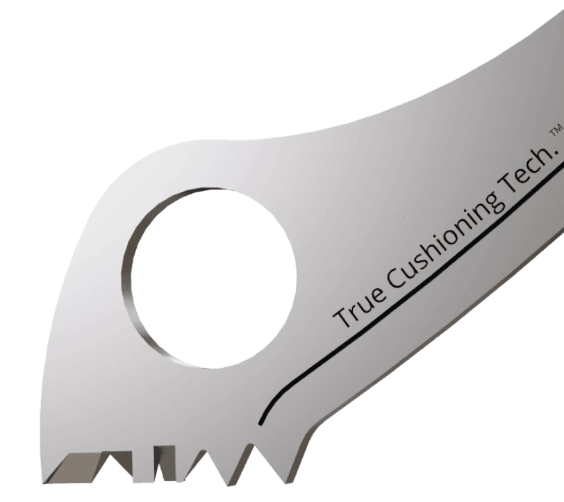 Close-up detail of side-cut toe picks on a figure skating blade – shock-absorbing blade.