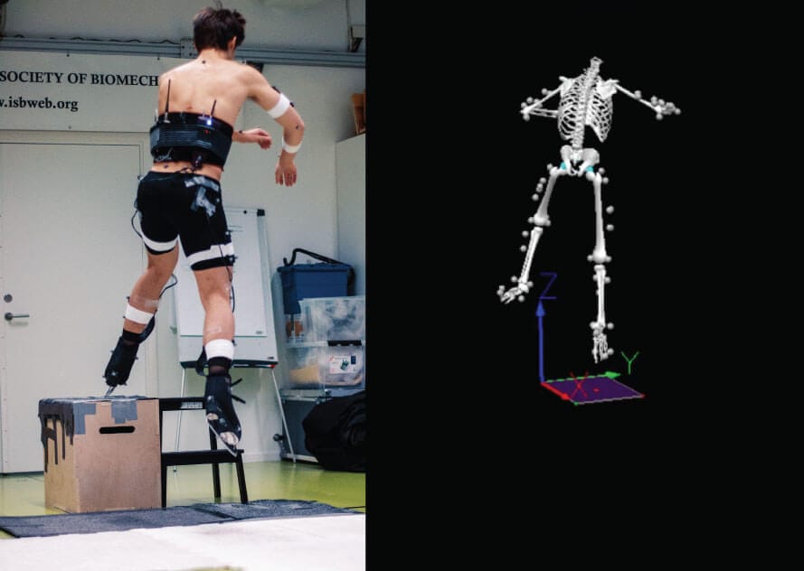 A side by side image of skater landing from a jump in a laboratory and a skeleton generated by computer- biomechanics.