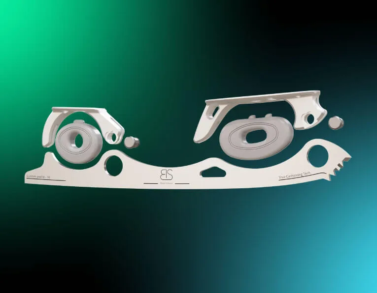 Exploded view of shock absorbing figure skating blade.