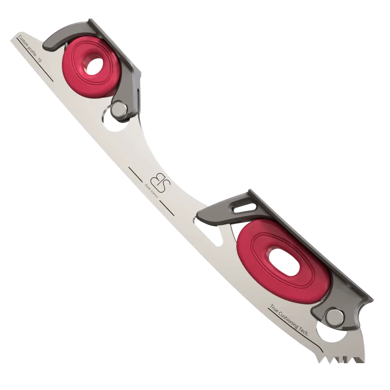 Figure Skating Shock-Absorbing Blade Set (Dual Cushioning) with dark pink Shock Absorbers and dark Grey Frames.