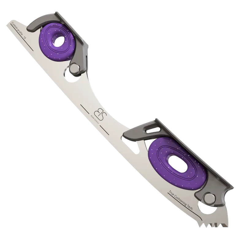 Figure Skating Shock-Absorbing Blade Set (Dual Cushioning) with dark purple with glitters Shock Absorbers and Dark Grey Frames.