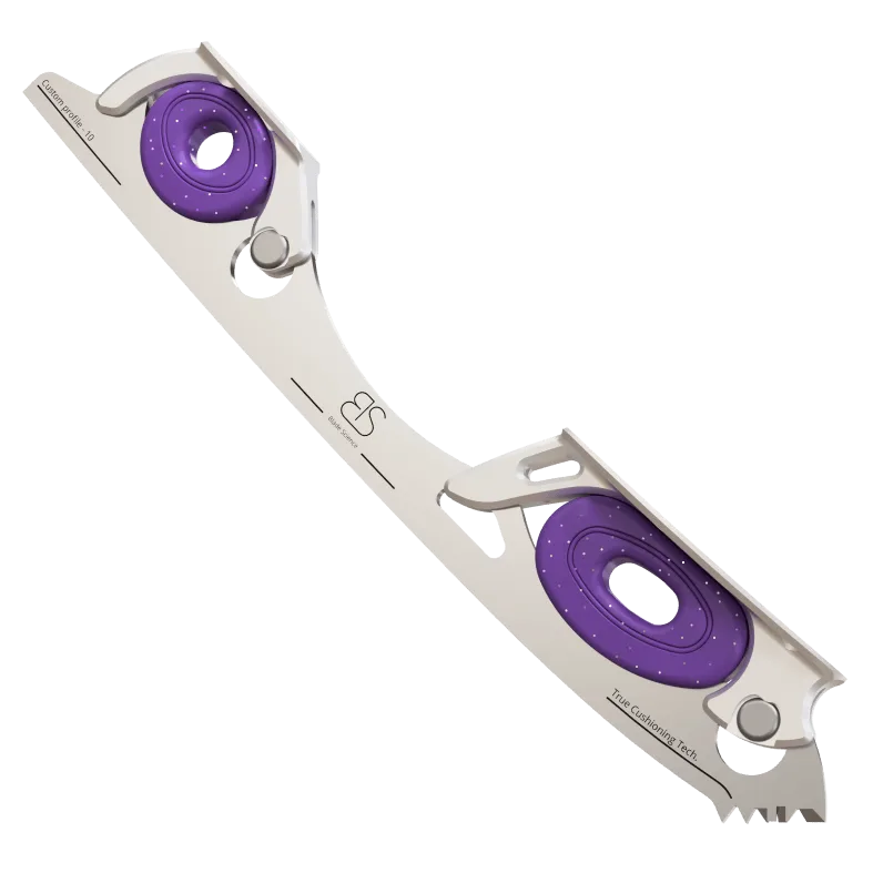 Figure Skating Shock-Absorbing Blade Set (Dual Cushioning) with dark purple with glitters Shock Absorbers and Light Grey Frames.
