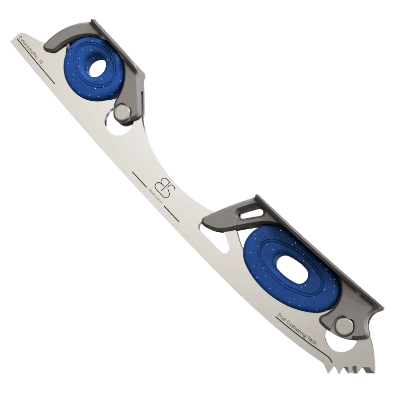 Figure Skating Shock-Absorbing Blade Set (Dual Cushioning) with navy blue with glitter Shock Absorbers and Dark Grey Frames.