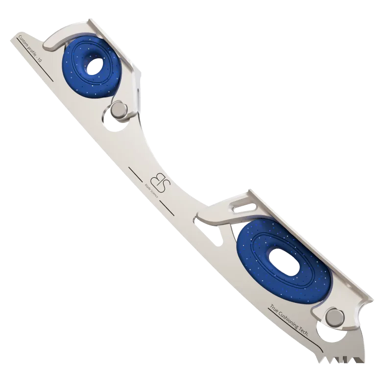 Figure Skating Shock-Absorbing Blade Set (Dual Cushioning) with navy blue with glitter Shock Absorbers and Light Grey Frames.