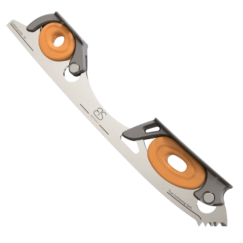 Figure Skating Shock-Absorbing Blade Set (Dual Cushioning) with orange Shock Absorbers and Dark Grey Frames.