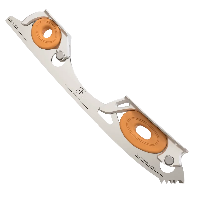 Figure Skating Shock-Absorbing Blade Set (Dual Cushioning) with orange Shock Absorbers and Light Grey Frames.