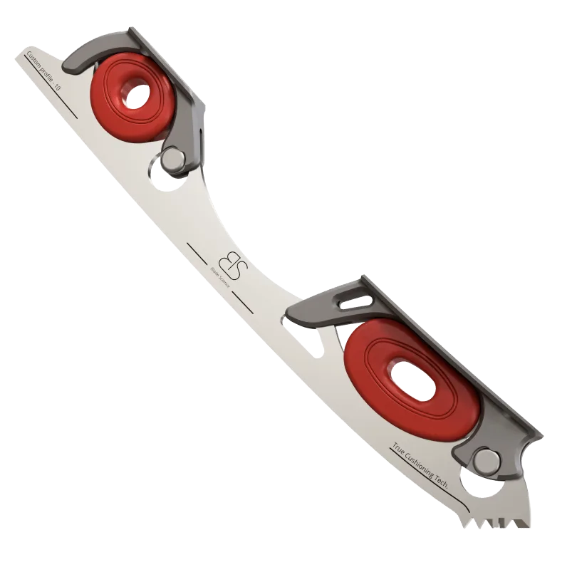 Figure Skating Shock-Absorbing Blade Set (Dual Cushioning) with red Shock Absorbers and Dark Grey Frames.