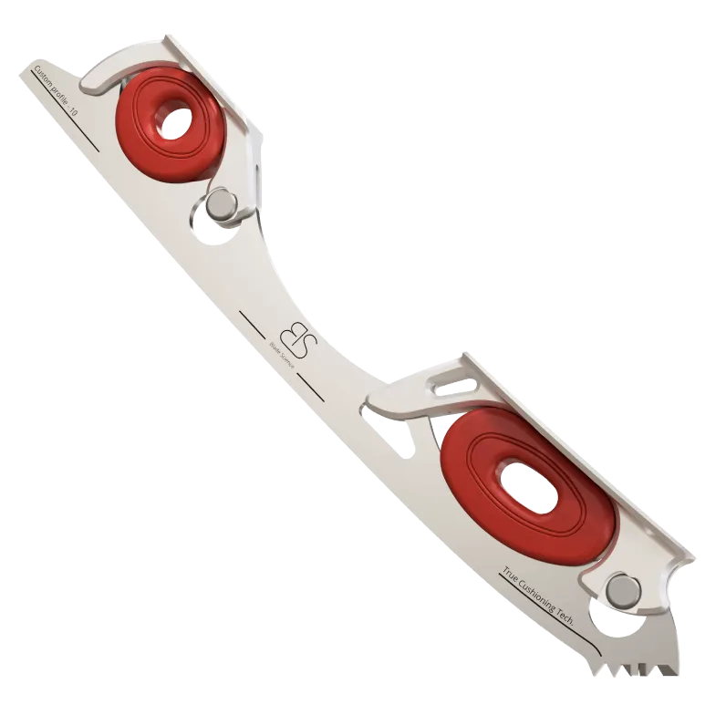 Figure Skating Shock-Absorbing Blade Set (Dual Cushioning) with red Shock Absorbers and Light Grey Frames.