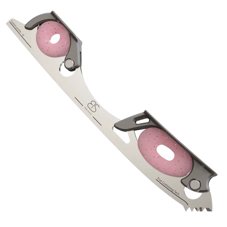 Figure Skating Shock-Absorbing Blade Set (Dual Cushioning) with translucent pink glitter Shock Absorbers and Dark Grey Frames.