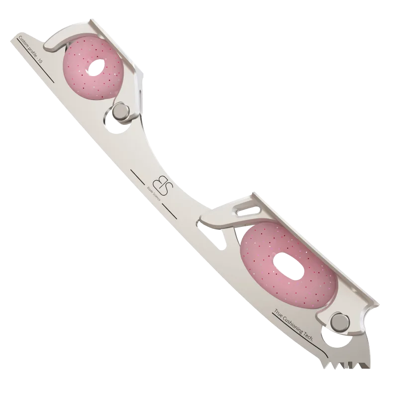 Figure Skating Shock-Absorbing Blade Set (Dual Cushioning) with translucent pink glitter Shock Absorbers and Light Grey Frames.