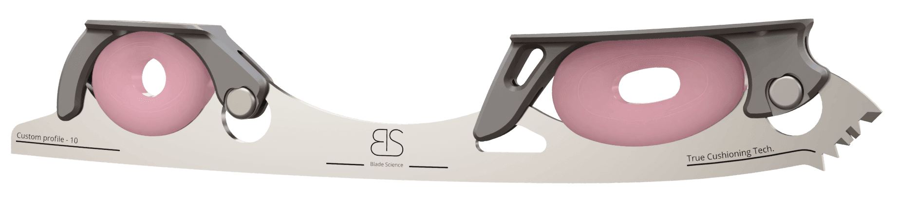 Figure Skating Shock-Absorbing Blade Set (Dual Cushioning) with translucent pink Shock Absorbers and dark Grey Frames