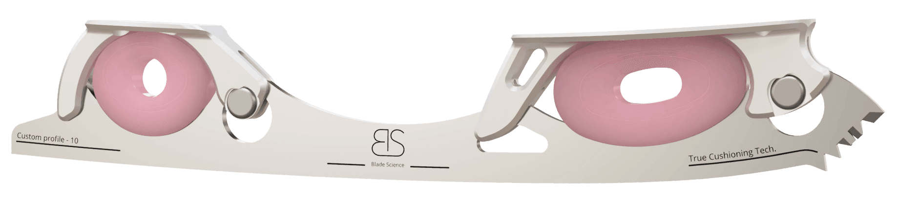 Figure Skating Shock-Absorbing Blade Set (Dual Cushioning) with translucent pink Shock Absorbers and light Grey Frames