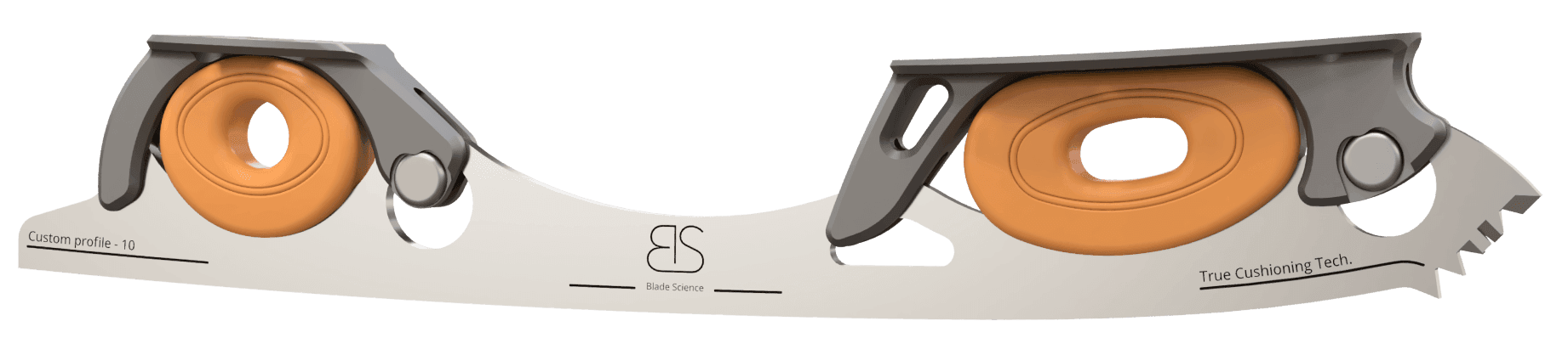 Figure Skating Shock-Absorbing Blade Set (Dual Cushioning) with orange Shock Absorbers and dark Grey Frames