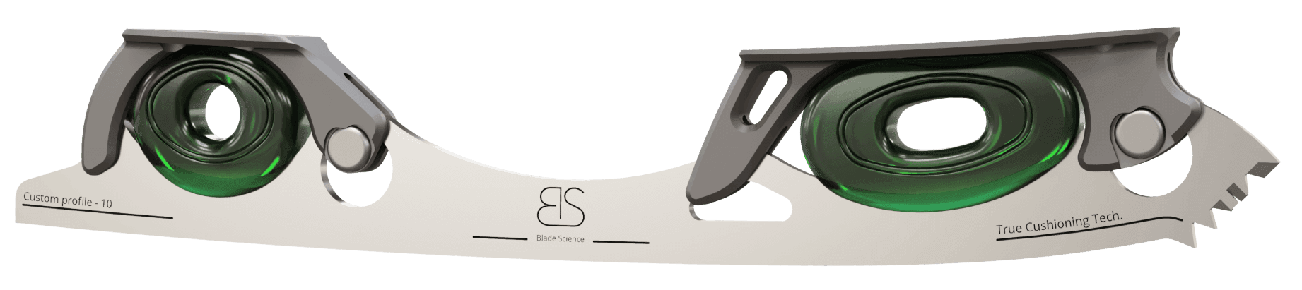 Figure Skating Shock-Absorbing Blade Set (Dual Cushioning) with translucent green Shock Absorbers and dark Grey Frames