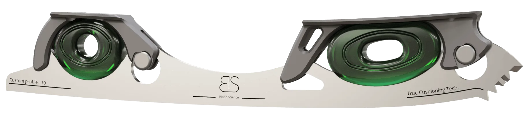 Figure Skating Shock-Absorbing Blade Set (Dual Cushioning) with translucent green Shock Absorbers and dark Grey Frames