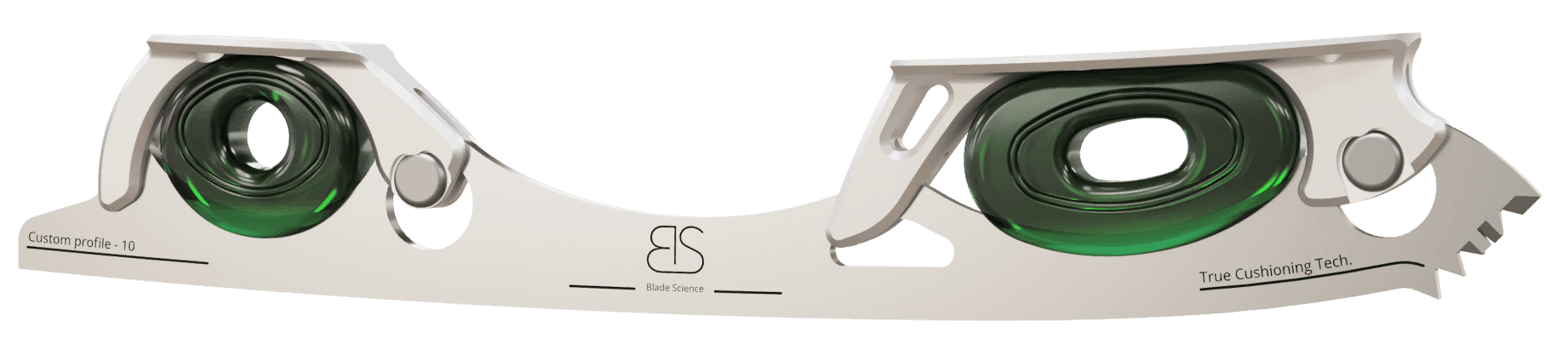 Figure Skating Shock-Absorbing Blade Set (Dual Cushioning) with translucent green Shock Absorbers and Light Grey Frames