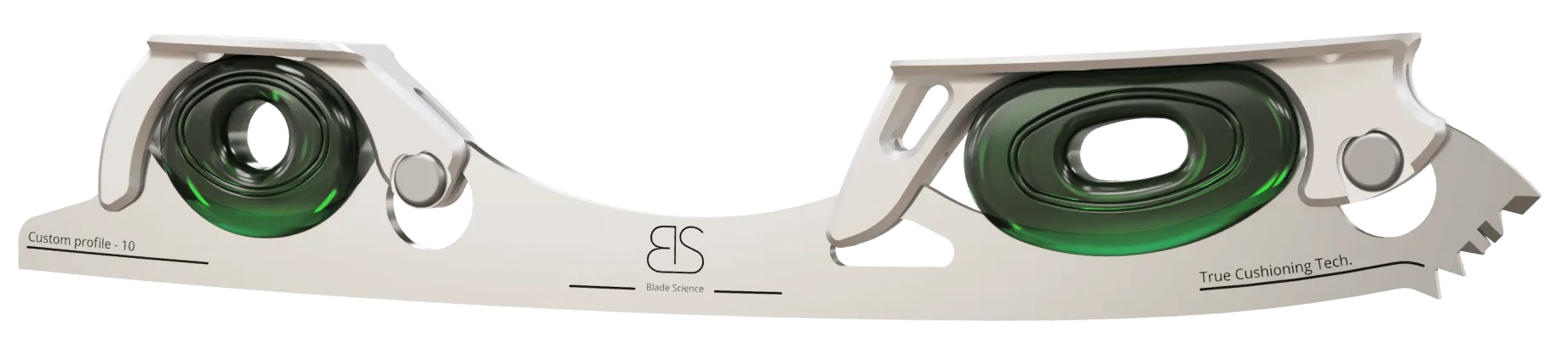 Figure Skating Shock-Absorbing Blade Set (Dual Cushioning) with translucent green Shock Absorbers and Light Grey Frames
